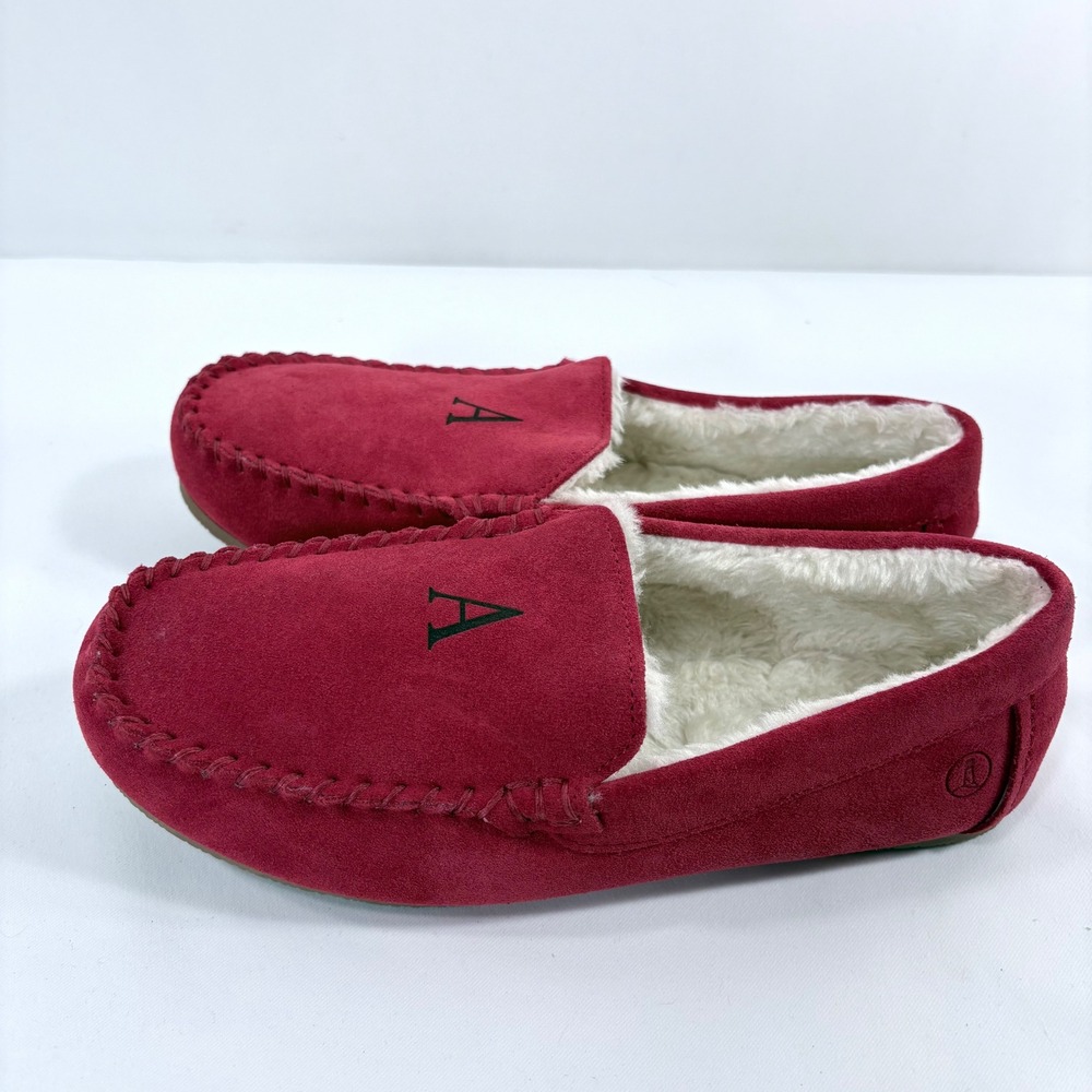 Lands' End Moccasin Slippers Red‎ Suede Monogram A Faux Fur Lined Women 10Den